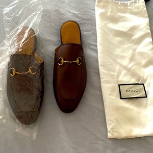 GUCCI Princetown Leather Horsebit Mule Slipper Flat, Brown,